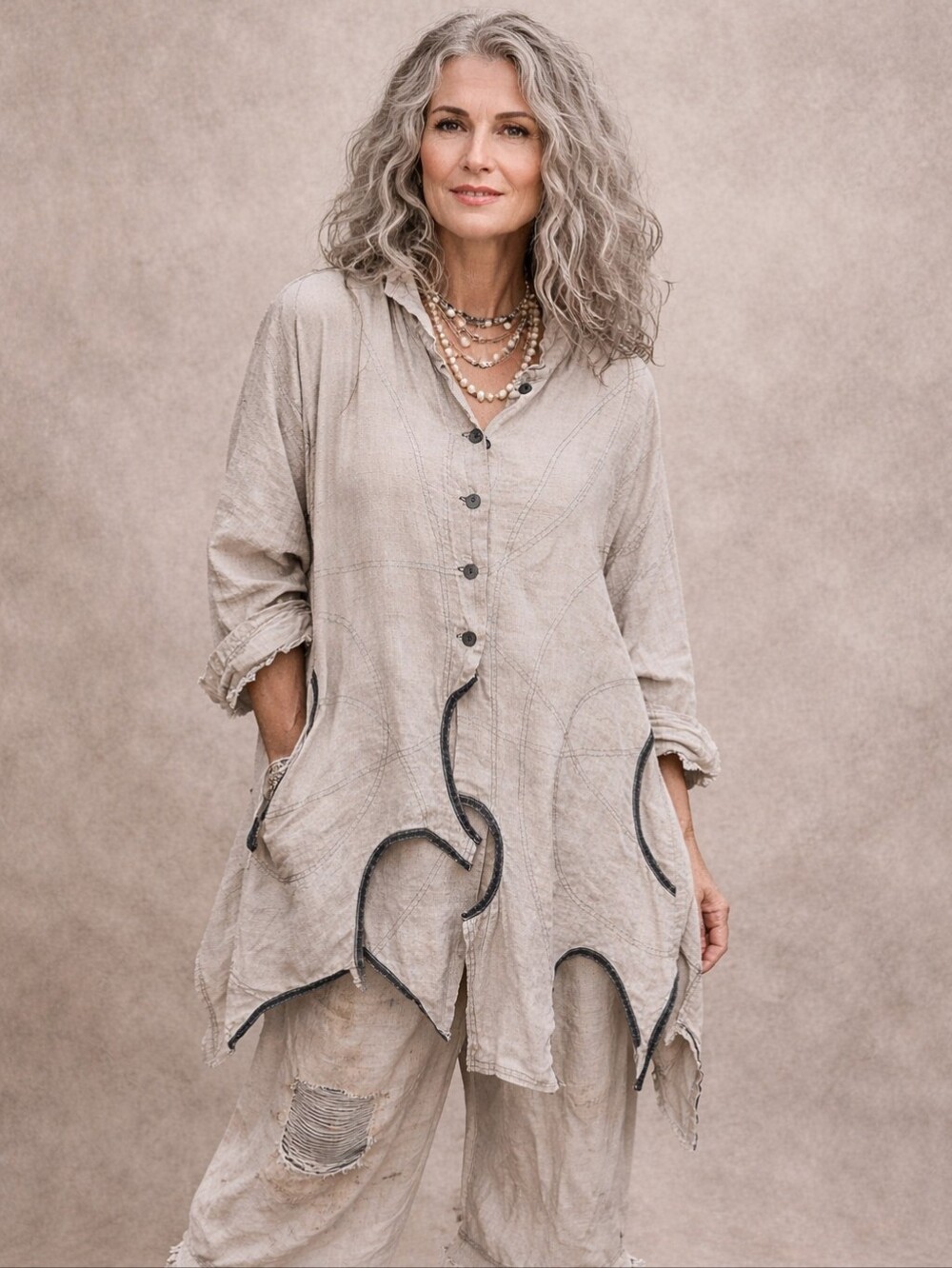 Cynthia Ashby | 100% Linen Asymmetric Art To Wear Button Up Tunic LS Size Small - Picture 1 of 11
